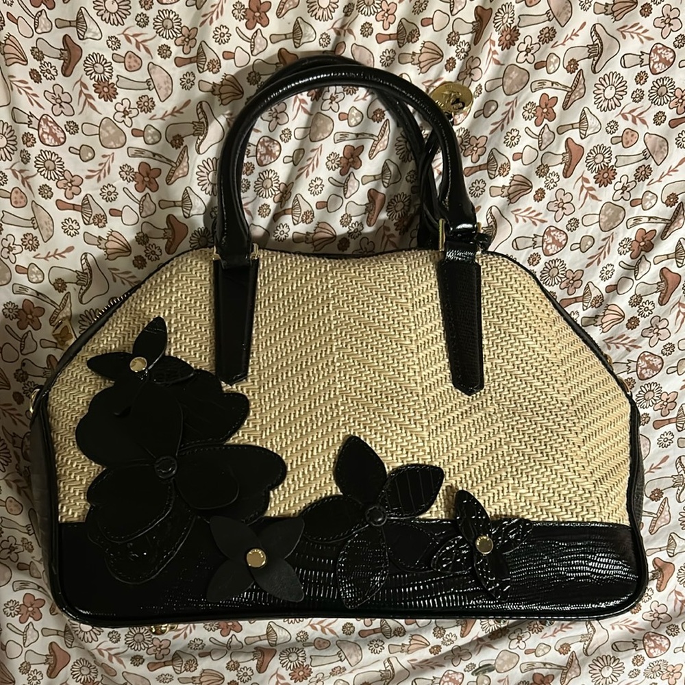 Brahmin Black and Cream Floral Shoulder Bag